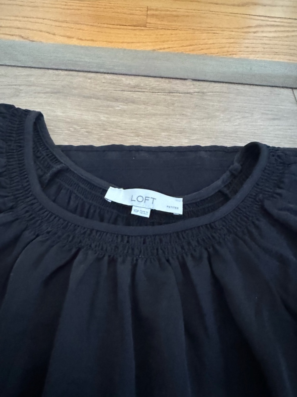 LOFT Black Smocked Round-Neck Top